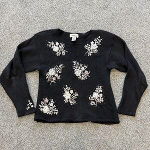 Vtg Floral Embroidered Pearl Sweater Size L Cottage Grandma Worthington Black